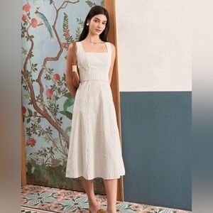 Rihoas  White Square Neck Striped Midi Dress